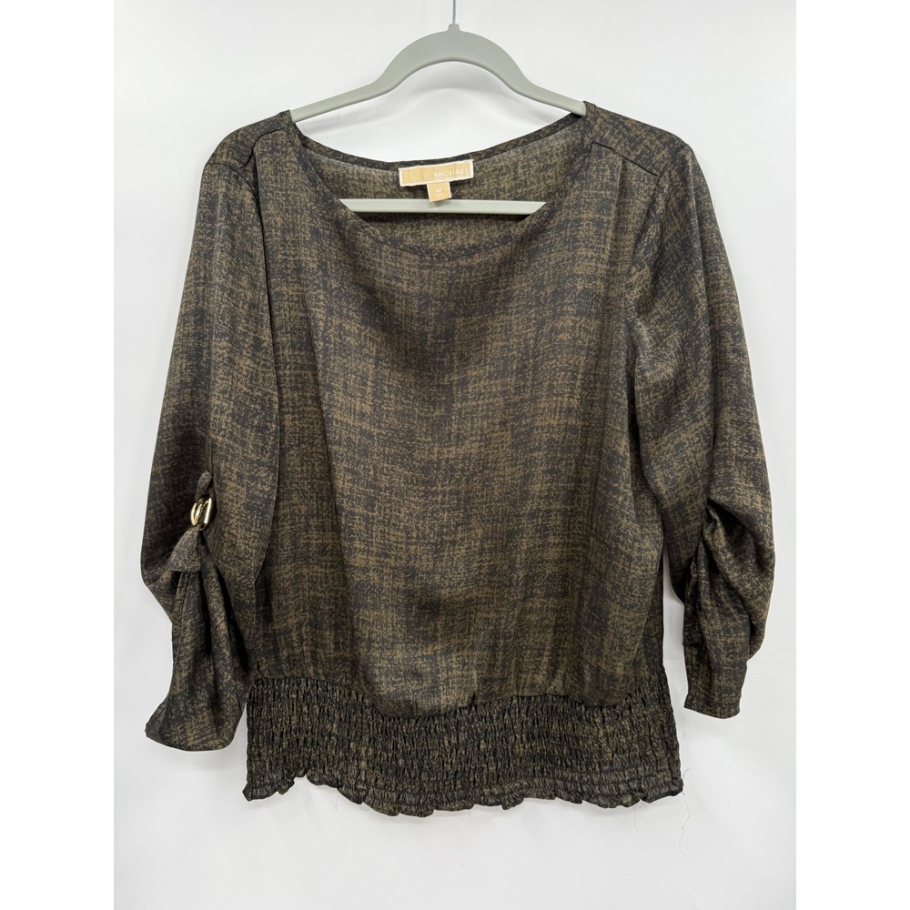Michael Kors M Blouse Womens Olive Green Black Smocked Hem Gold Ring 3/4 Sleeve